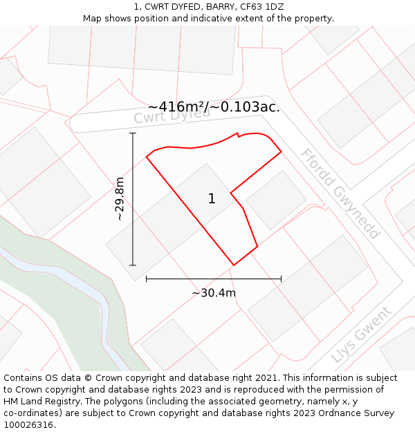 1, CWRT DYFED, BARRY, CF63 1DZ: Plot and title map