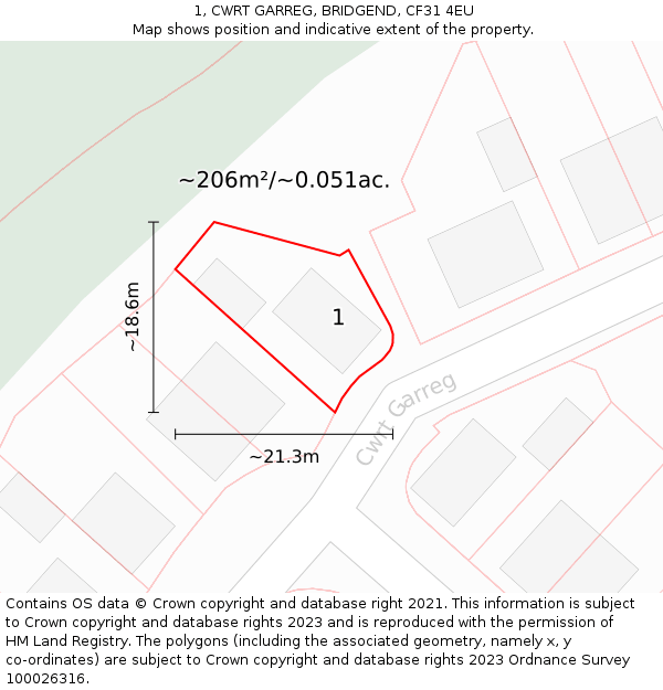 1, CWRT GARREG, BRIDGEND, CF31 4EU: Plot and title map