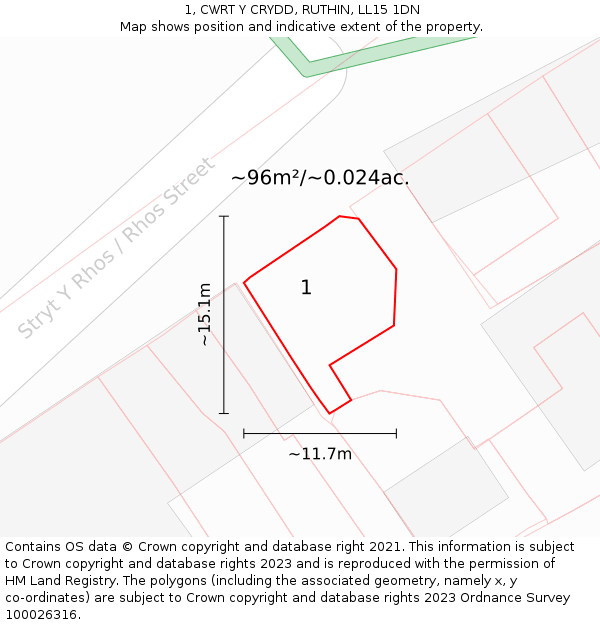 1, CWRT Y CRYDD, RUTHIN, LL15 1DN: Plot and title map