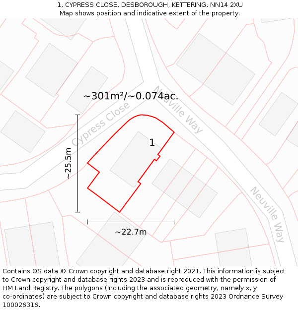 1, CYPRESS CLOSE, DESBOROUGH, KETTERING, NN14 2XU: Plot and title map