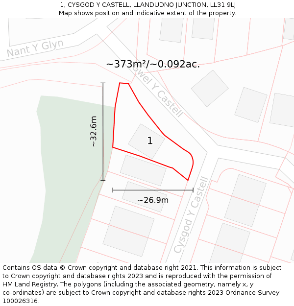 1, CYSGOD Y CASTELL, LLANDUDNO JUNCTION, LL31 9LJ: Plot and title map