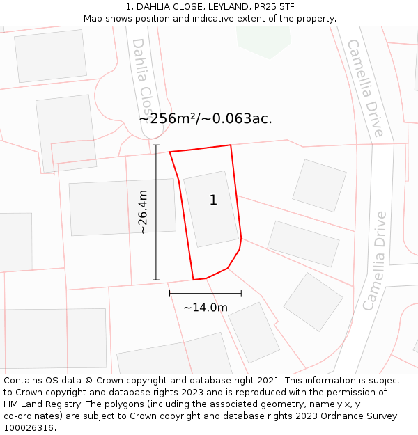 1, DAHLIA CLOSE, LEYLAND, PR25 5TF: Plot and title map
