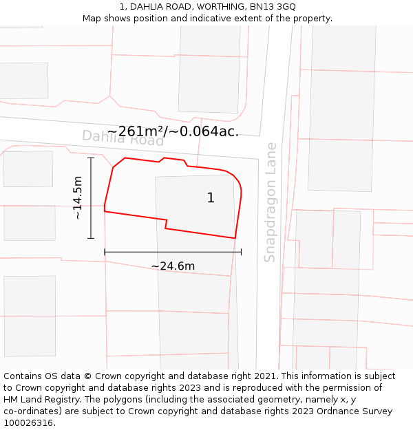 1, DAHLIA ROAD, WORTHING, BN13 3GQ: Plot and title map