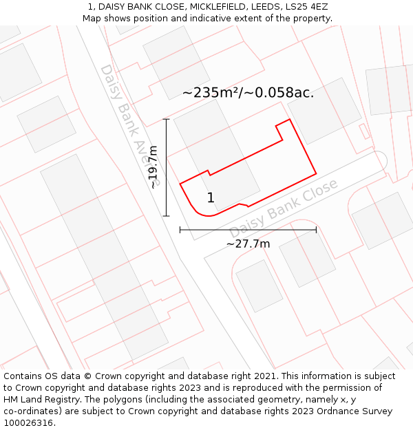 1, DAISY BANK CLOSE, MICKLEFIELD, LEEDS, LS25 4EZ: Plot and title map