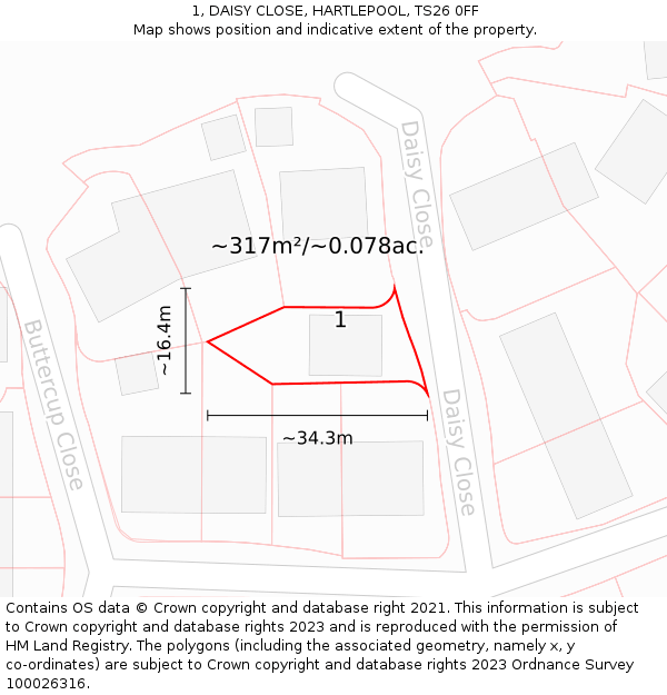1, DAISY CLOSE, HARTLEPOOL, TS26 0FF: Plot and title map