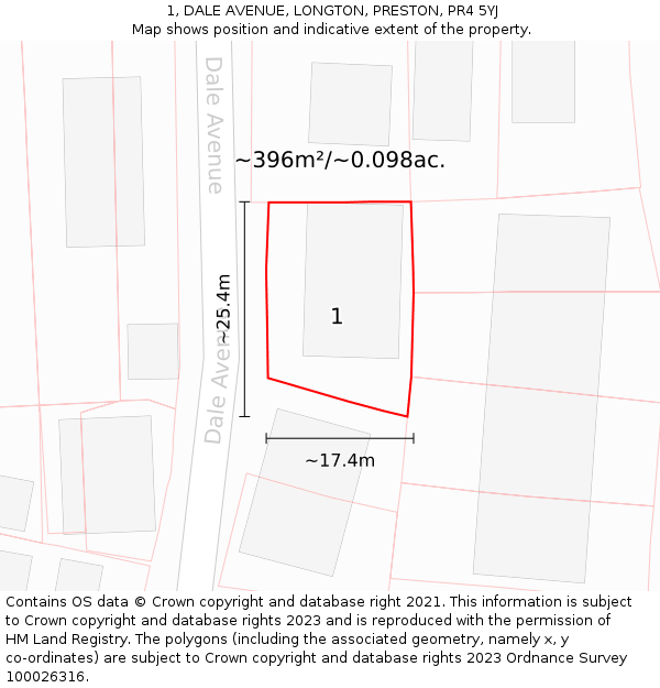 1, DALE AVENUE, LONGTON, PRESTON, PR4 5YJ: Plot and title map