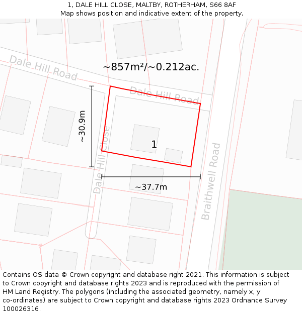 1, DALE HILL CLOSE, MALTBY, ROTHERHAM, S66 8AF: Plot and title map