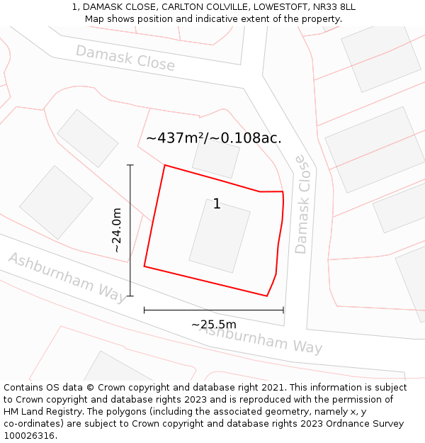 1, DAMASK CLOSE, CARLTON COLVILLE, LOWESTOFT, NR33 8LL: Plot and title map
