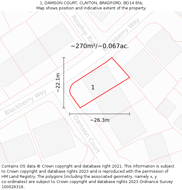 1, DAMSON COURT, CLAYTON, BRADFORD, BD14 6NL: Plot and title map