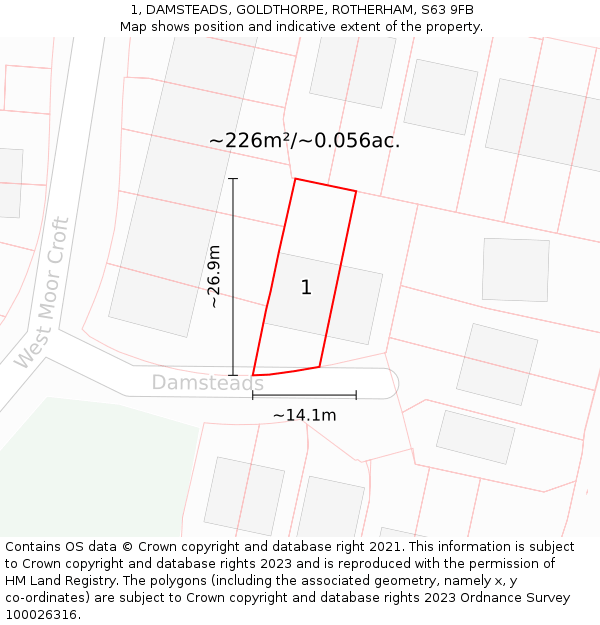 1, DAMSTEADS, GOLDTHORPE, ROTHERHAM, S63 9FB: Plot and title map