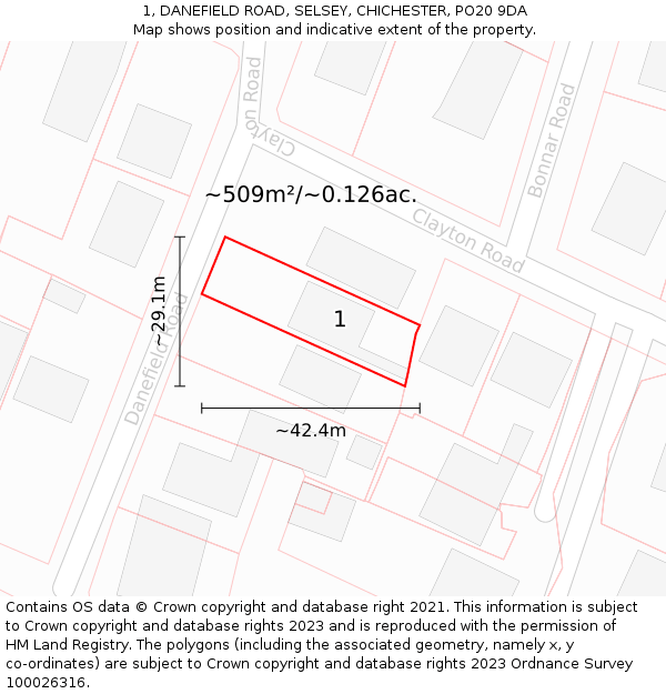 1, DANEFIELD ROAD, SELSEY, CHICHESTER, PO20 9DA: Plot and title map