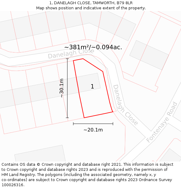 1, DANELAGH CLOSE, TAMWORTH, B79 8LR: Plot and title map