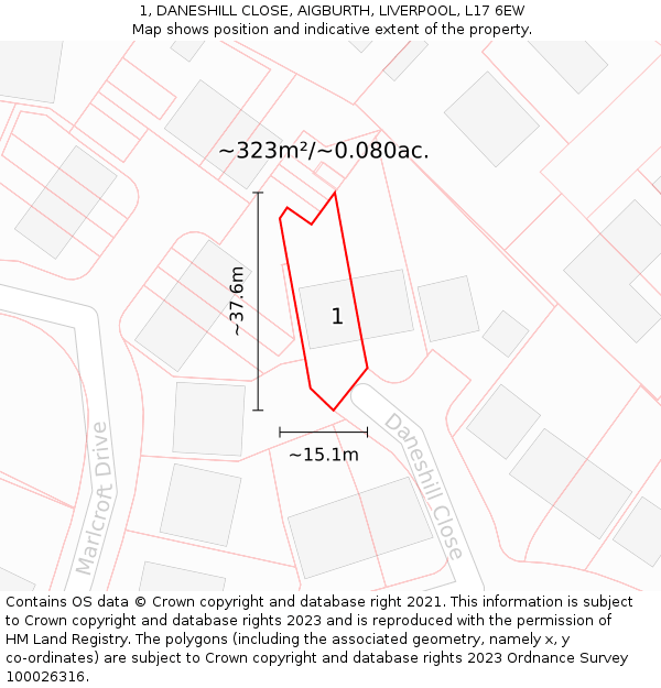 1, DANESHILL CLOSE, AIGBURTH, LIVERPOOL, L17 6EW: Plot and title map