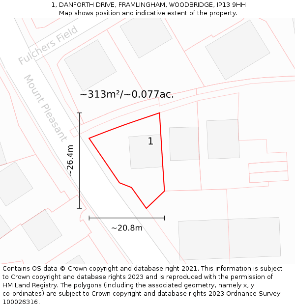1, DANFORTH DRIVE, FRAMLINGHAM, WOODBRIDGE, IP13 9HH: Plot and title map