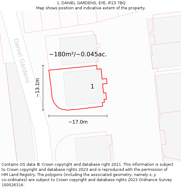1, DANIEL GARDENS, EYE, IP23 7BQ: Plot and title map