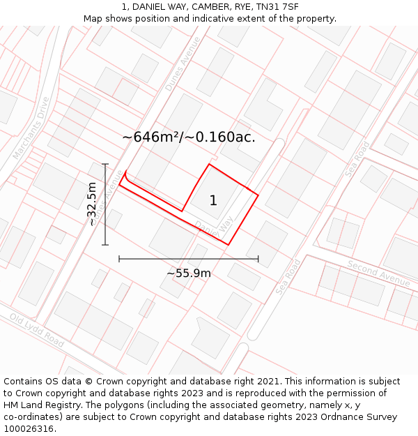 1, DANIEL WAY, CAMBER, RYE, TN31 7SF: Plot and title map