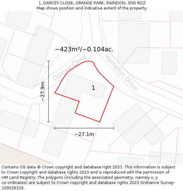1, DARCEY CLOSE, GRANGE PARK, SWINDON, SN5 6DZ: Plot and title map