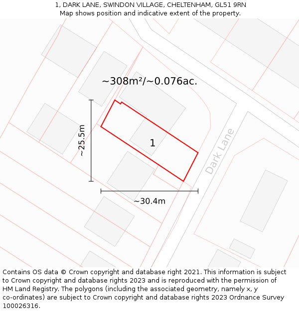 1, DARK LANE, SWINDON VILLAGE, CHELTENHAM, GL51 9RN: Plot and title map