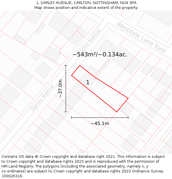 1, DARLEY AVENUE, CARLTON, NOTTINGHAM, NG4 3PA: Plot and title map