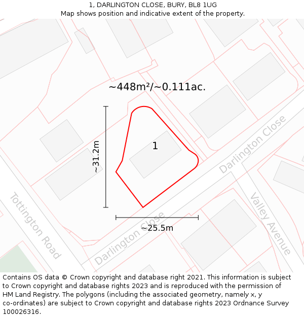 1, DARLINGTON CLOSE, BURY, BL8 1UG: Plot and title map