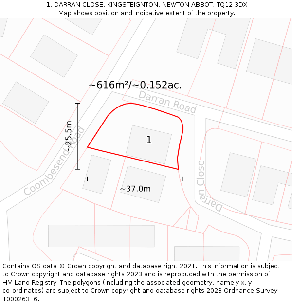 1, DARRAN CLOSE, KINGSTEIGNTON, NEWTON ABBOT, TQ12 3DX: Plot and title map