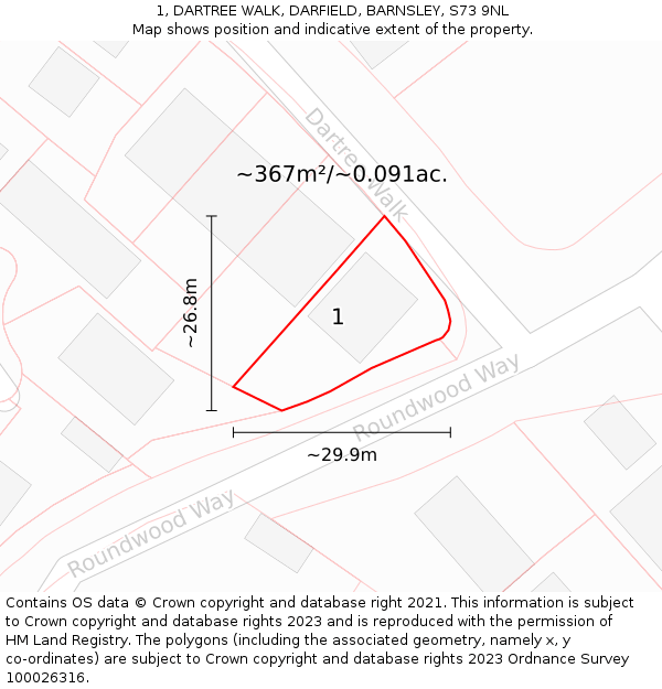 1, DARTREE WALK, DARFIELD, BARNSLEY, S73 9NL: Plot and title map