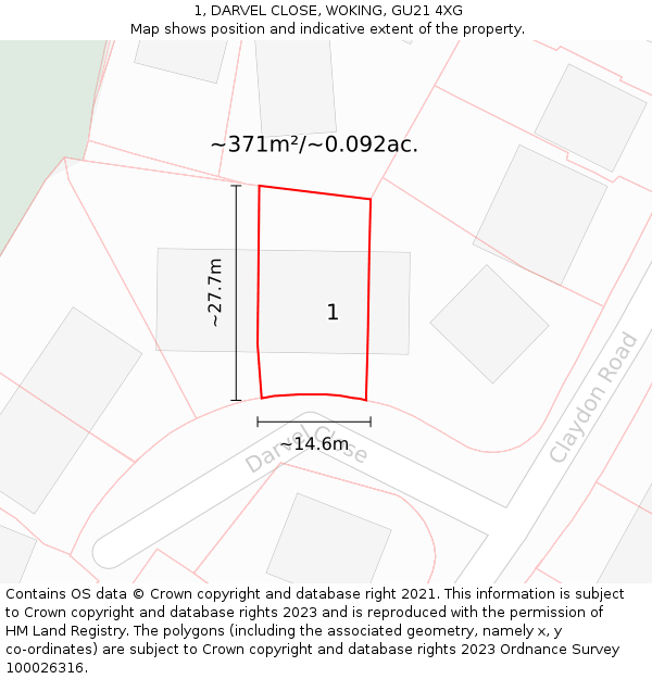 1, DARVEL CLOSE, WOKING, GU21 4XG: Plot and title map