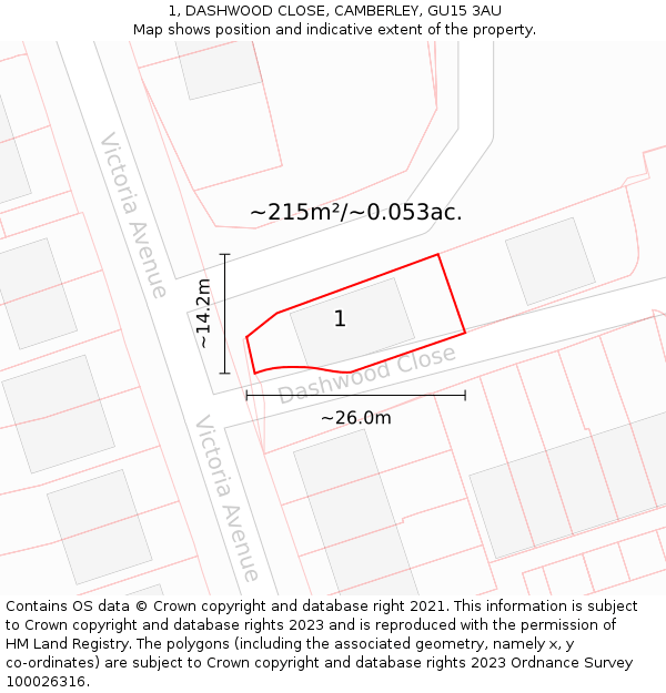 1, DASHWOOD CLOSE, CAMBERLEY, GU15 3AU: Plot and title map