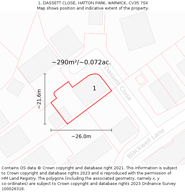 1, DASSETT CLOSE, HATTON PARK, WARWICK, CV35 7SX: Plot and title map