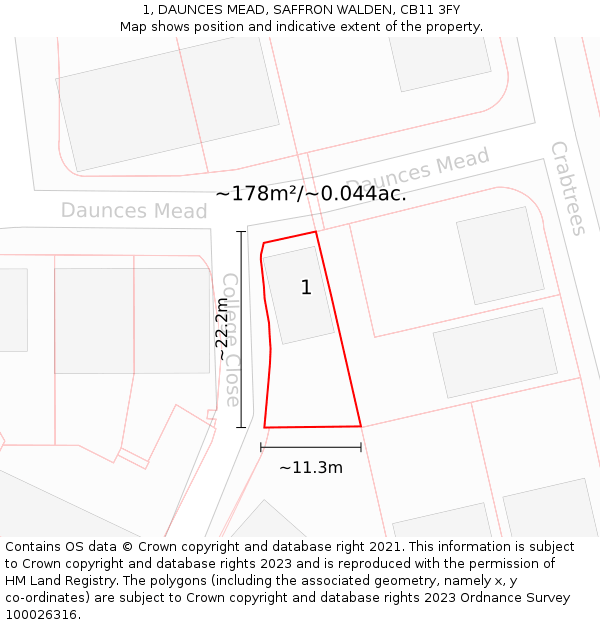 1, DAUNCES MEAD, SAFFRON WALDEN, CB11 3FY: Plot and title map