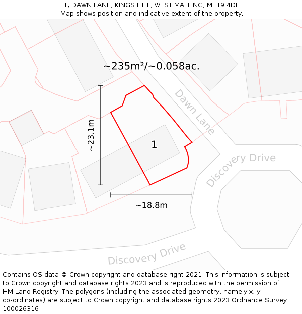 1, DAWN LANE, KINGS HILL, WEST MALLING, ME19 4DH: Plot and title map