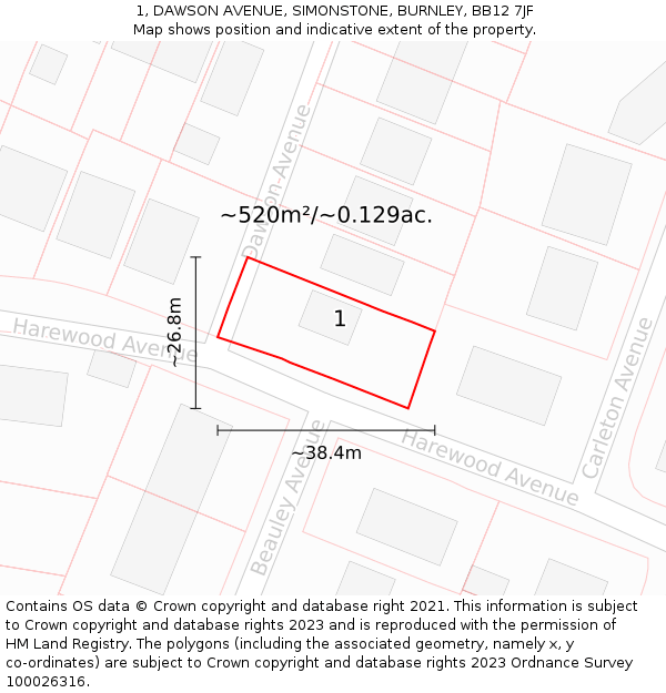1, DAWSON AVENUE, SIMONSTONE, BURNLEY, BB12 7JF: Plot and title map