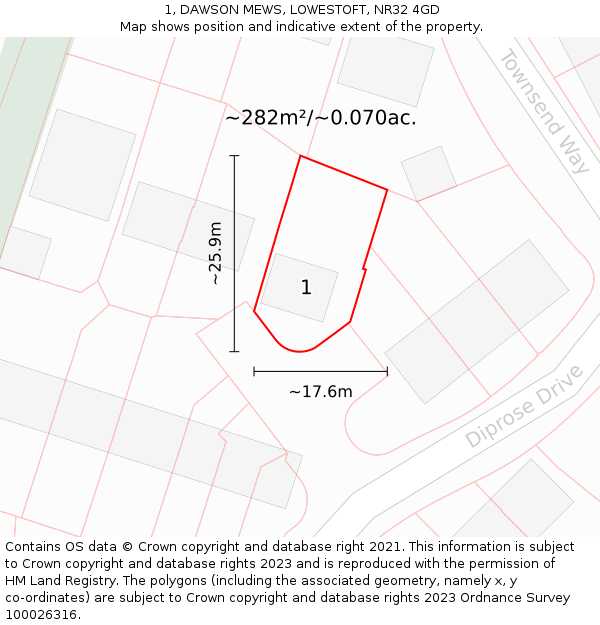 1, DAWSON MEWS, LOWESTOFT, NR32 4GD: Plot and title map