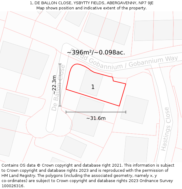 1, DE BALLON CLOSE, YSBYTTY FIELDS, ABERGAVENNY, NP7 9JE: Plot and title map