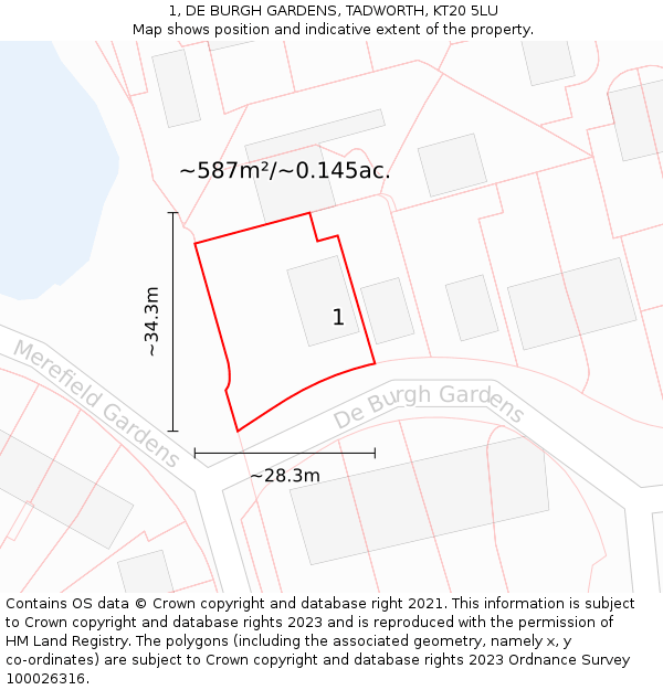 1, DE BURGH GARDENS, TADWORTH, KT20 5LU: Plot and title map