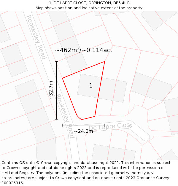 1, DE LAPRE CLOSE, ORPINGTON, BR5 4HR: Plot and title map