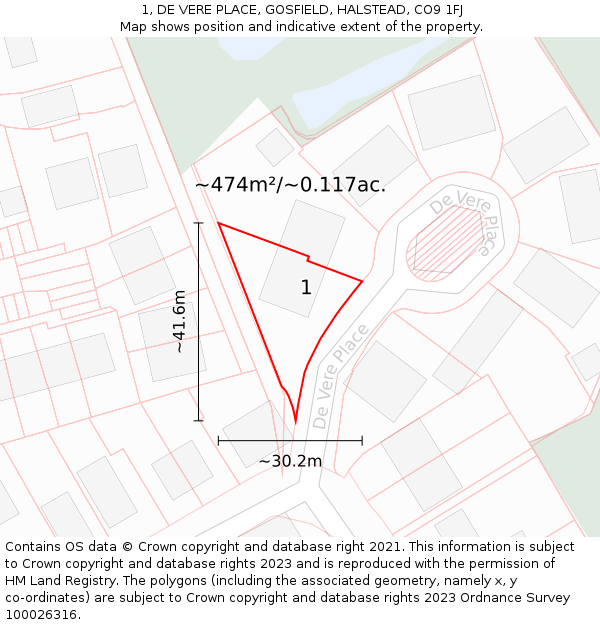 1, DE VERE PLACE, GOSFIELD, HALSTEAD, CO9 1FJ: Plot and title map
