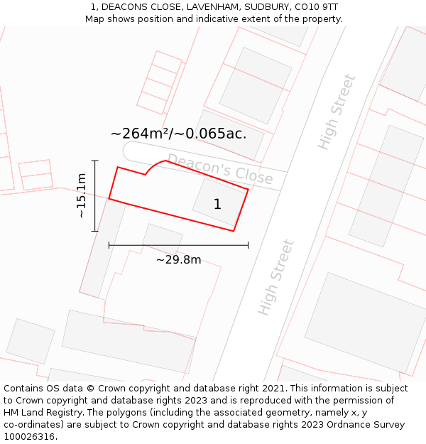 1, DEACONS CLOSE, LAVENHAM, SUDBURY, CO10 9TT: Plot and title map