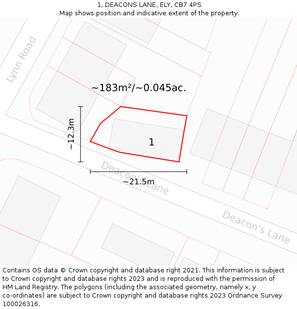 1, DEACONS LANE, ELY, CB7 4PS: Plot and title map
