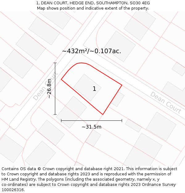 1, DEAN COURT, HEDGE END, SOUTHAMPTON, SO30 4EG: Plot and title map