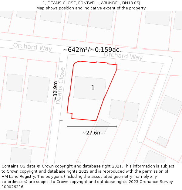 1, DEANS CLOSE, FONTWELL, ARUNDEL, BN18 0SJ: Plot and title map