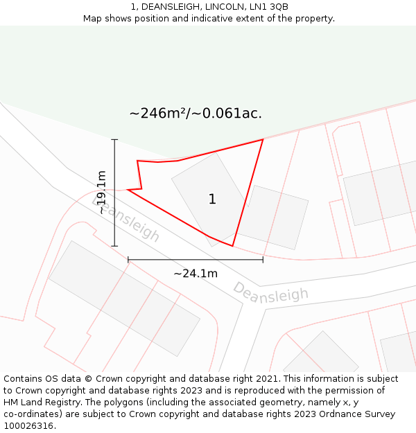 1, DEANSLEIGH, LINCOLN, LN1 3QB: Plot and title map
