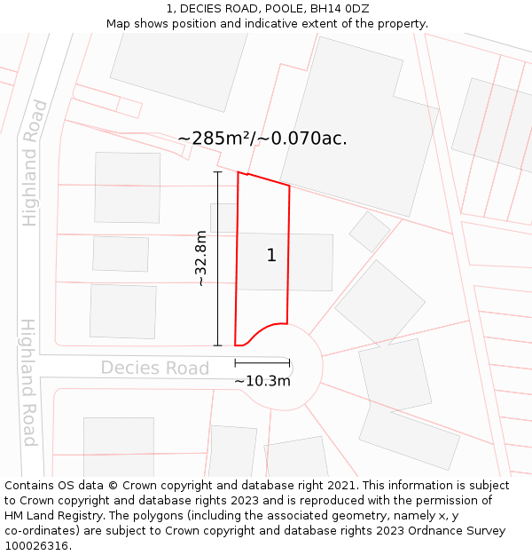 1, DECIES ROAD, POOLE, BH14 0DZ: Plot and title map