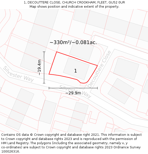 1, DECOUTTERE CLOSE, CHURCH CROOKHAM, FLEET, GU52 0UR: Plot and title map