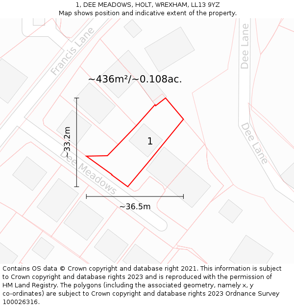 1, DEE MEADOWS, HOLT, WREXHAM, LL13 9YZ: Plot and title map