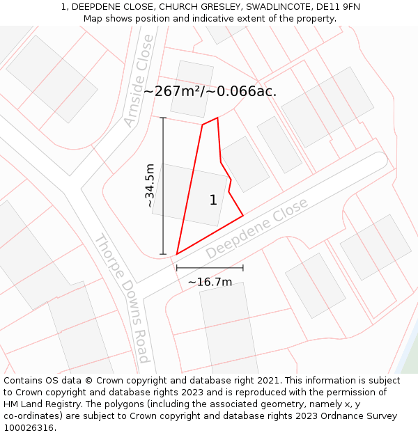 1, DEEPDENE CLOSE, CHURCH GRESLEY, SWADLINCOTE, DE11 9FN: Plot and title map