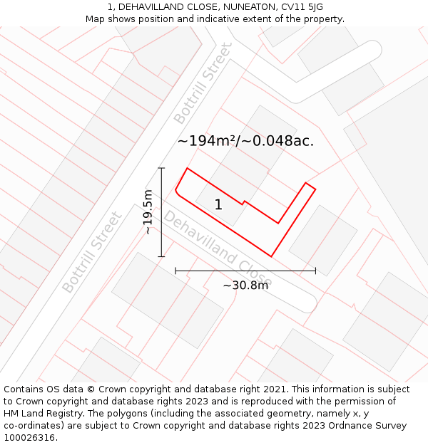 1, DEHAVILLAND CLOSE, NUNEATON, CV11 5JG: Plot and title map