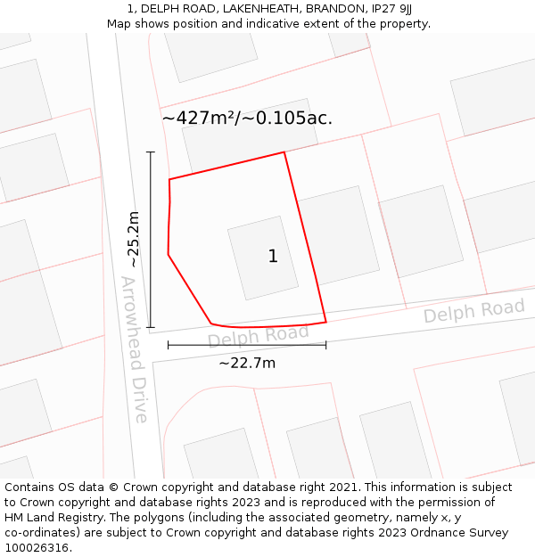 1, DELPH ROAD, LAKENHEATH, BRANDON, IP27 9JJ: Plot and title map