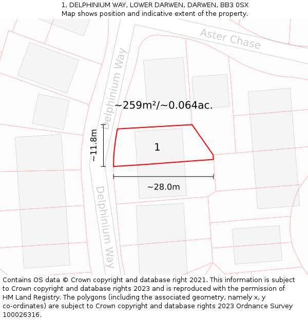 1, DELPHINIUM WAY, LOWER DARWEN, DARWEN, BB3 0SX: Plot and title map