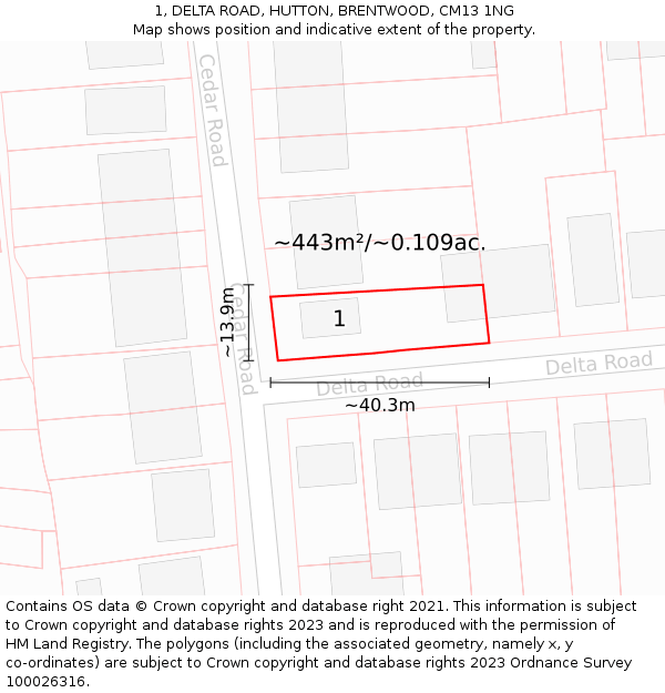 1, DELTA ROAD, HUTTON, BRENTWOOD, CM13 1NG: Plot and title map